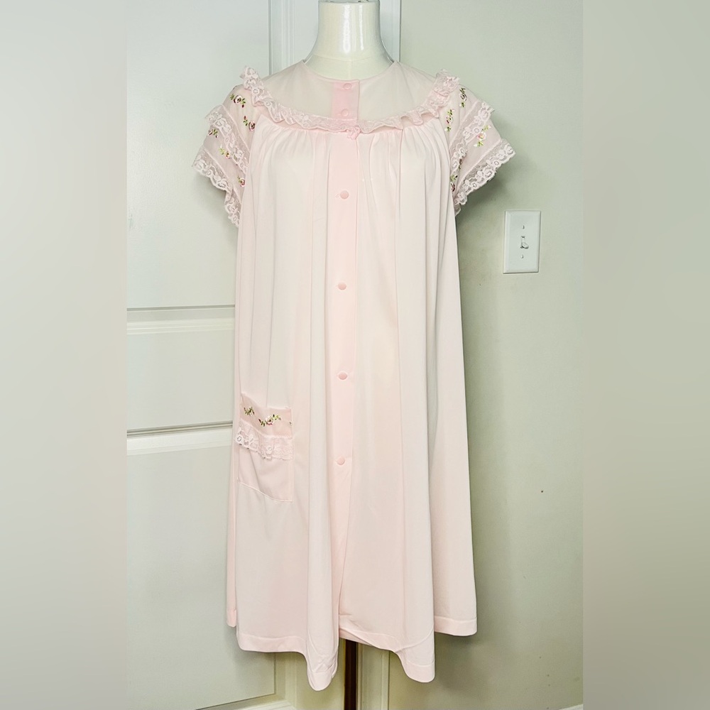 Shadowline Vintage Nylon Pink Lace Lingerie Nightgown Sz L